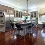 Grey Kitchen Island Inspiring Grey Kitchen Design With Island Applying Dark Brown Flooring Tile Furnished With Black High Chairs And Pendant Lighting Completed With Refrigerator Kitchen Kitchen Designs With Islands: Modern Kitchen Setting