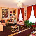 Living Room Tie Inspiring Living Room With Red Tie Back Living Room Curtains Furnished With Sofa And Hodgepodge Chairs Completed With Black Table On Purple Rug Living Room Awesome Living Room Curtains Designs