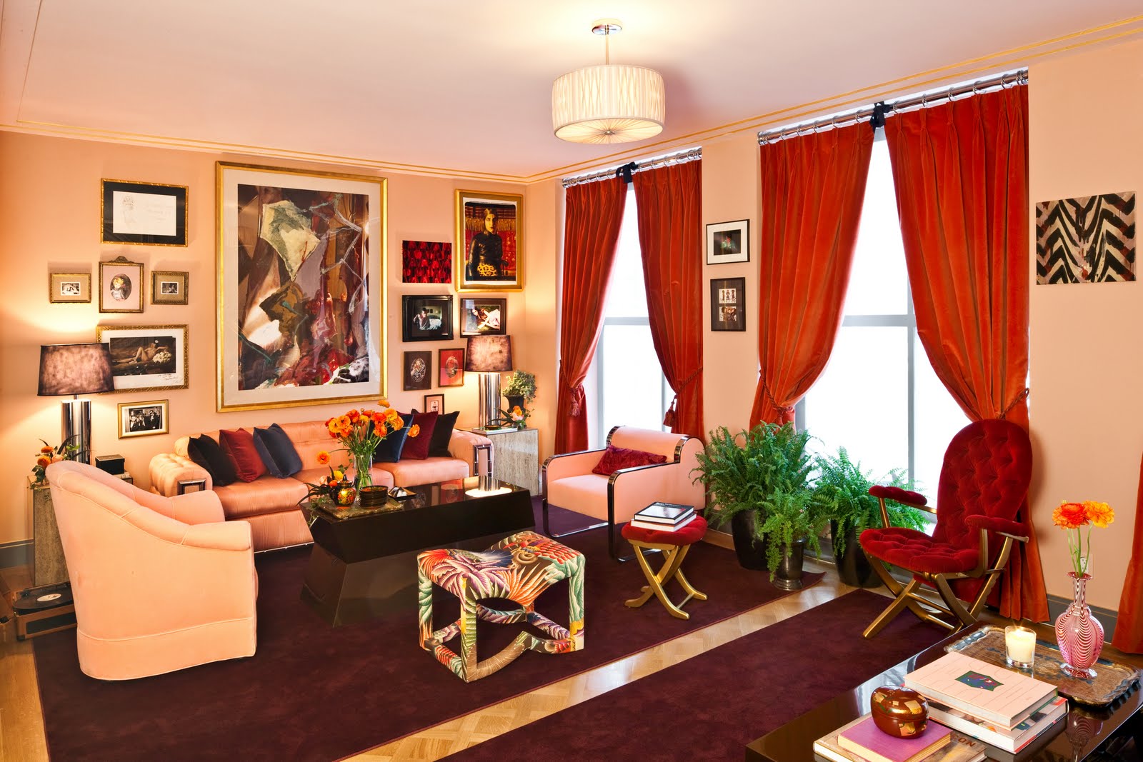 Living Room Tie Inspiring Living Room With Red Tie Back Living Room Curtains Furnished With Sofa And Hodgepodge Chairs Completed With Black Table On Purple Rug Living Room Awesome Living Room Curtains Designs