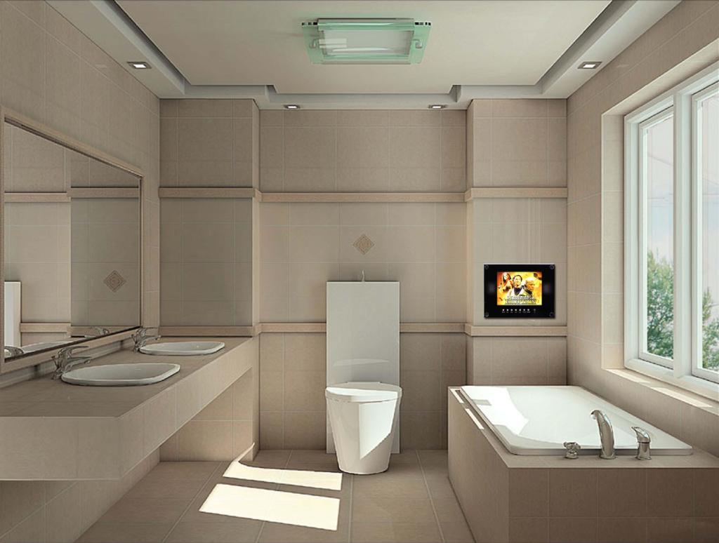 Modern Bathroom With Inspiring Modern Bathroom Remodeling Ideas With Minimalist Design Completed With Wall Flat Screen TV And Furnished With Bidet Also Bathtub And Wall Sink With Double Basin Bathroom Chinese Bathroom Remodeling Ideas
