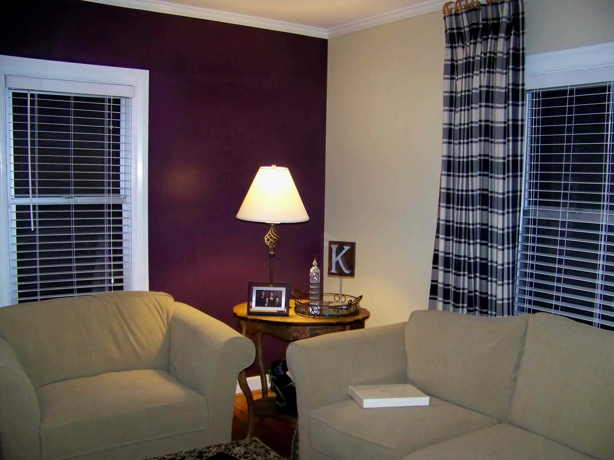 Purple Living Ideas Inspiring Purple Living Room Paint Ideas With White Windows And Sliding Curtains Completed With Table Lighting On Round Nightstand And Furnished With Chair Living Room Modern Living Room Paint Ideas With Color Combination