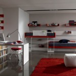 Red And Color Inspiring Red And White Room Color In Boys Bedroom Ideas With Wall Cabinets And Bookcase Completed With White Table And Chair Also Furnished With Red Rug Bedroom Boys Bedroom Ideas: The Important Aspects