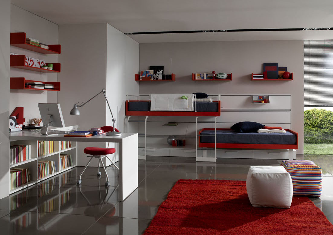 Red And Color Inspiring Red And White Room Color In Boys Bedroom Ideas With Wall Cabinets And Bookcase Completed With White Table And Chair Also Furnished With Red Rug Bedroom Boys Bedroom Ideas: The Important Aspects