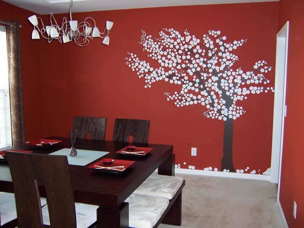 Red Wall Tree Inspiring Red Wall Color With Tree Painting Of Dining Room Wall Decor Completed With Pendant Lamps And Furnished With Dark Brown Table Matched With Chairs Dining Room Creative Dining Room Wall Decor And Design Ideas