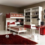 Modern Boys With Interesting Modern Boys Bedroom Ideas With Twin Bunk Bed In Sectional Design Furnished With White Cabinet Also Red Desk And White Pedestal Chair And Completed By Red Soft Rug Bedroom Boys Bedroom Ideas: The Important Aspects