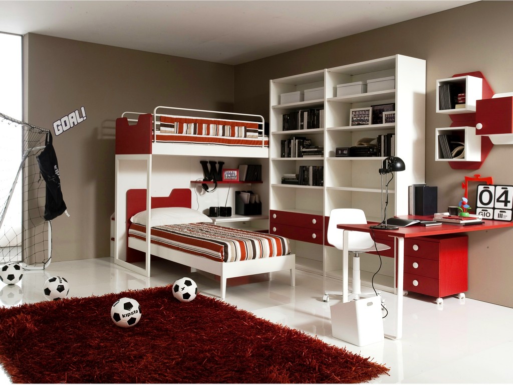 Modern Boys With Interesting Modern Boys Bedroom Ideas With Twin Bunk Bed In Sectional Design Furnished With White Cabinet Also Red Desk And White Pedestal Chair And Completed By Red Soft Rug Bedroom Boys Bedroom Ideas: The Important Aspects
