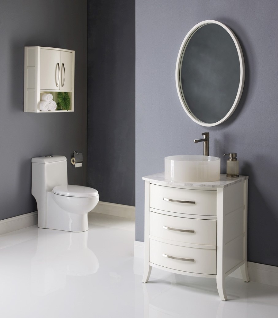 Gray Wall Oval Interior Gray Wall And Modern Oval Mirror Design Feat Sleek Small Bathroom Vanity Plus Glass Vessel Sink  Cozy Bathroom Design With Small Bathroom Vanity 