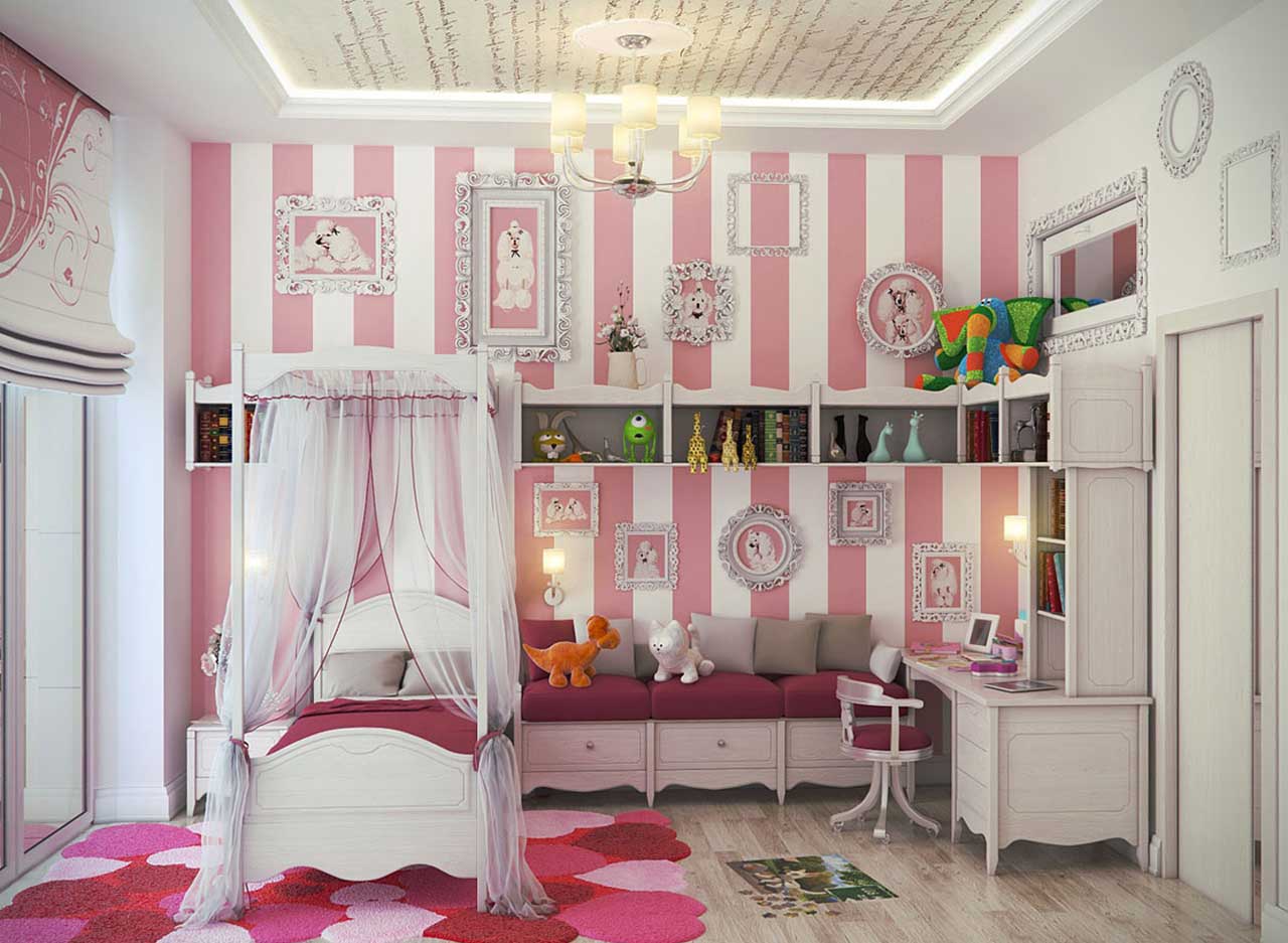Room Decor With Kids Room Decor Color Schemes With Comfortable Bed Set Arrangement Kids Room Ideas Also Natural Wood Floor Kids Room Design Plus Simple White Study Table And Cute Pink Love Heart Carpet Decoration Kids Desire And Kids Room Decor