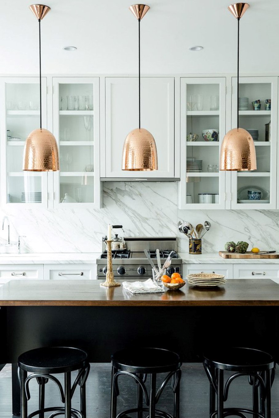 Filled Marble Feat Kitchen Filled Marble Backsplash Idea Feat Amazing Copper Pendant Lights And Industrial Barstools Design House Designs  Pendant Lights With Beautiful Copper Shades Become The Center Of Attention In Rooms 