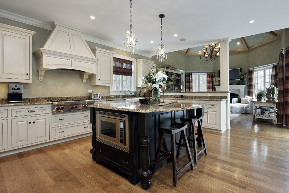 Shaped Kitchen Island L Shaped Kitchen Design With Island Feat Quirky Pendant Lighting Also Cool Black Barstools Plus Under Counter Microwave Idea  Interesting Information On Under-Counter Microwave 