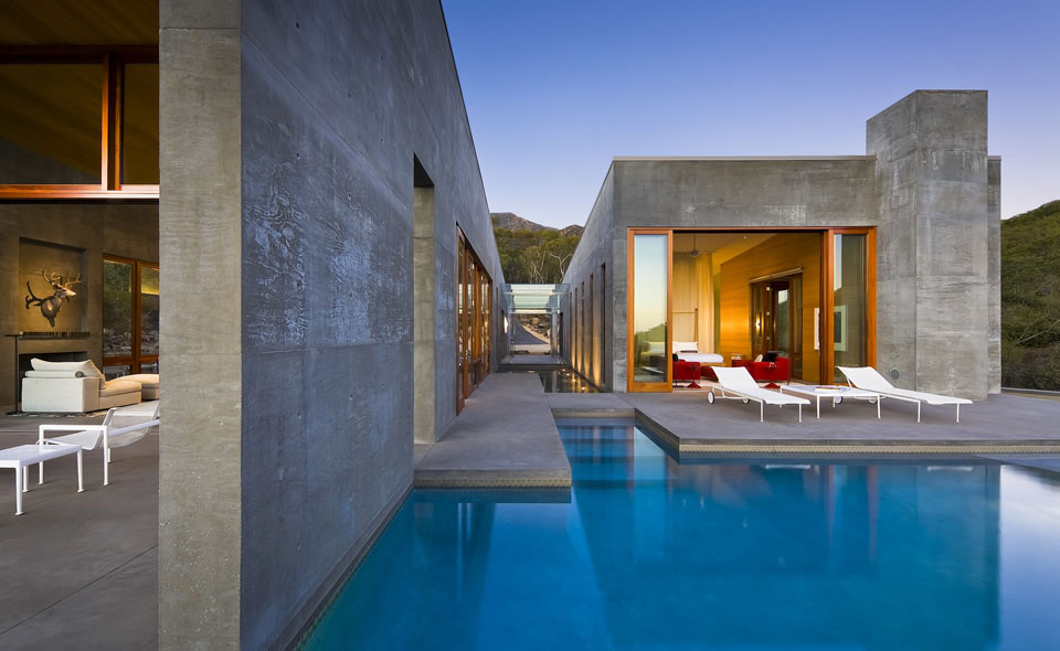 House Design Concrete Large House Design With Exposed Concrete Wall And Pool With White Outdoor Lounge Chairs Ideas Sophisticated Concrete And Steel Modern Home With Glass Elements