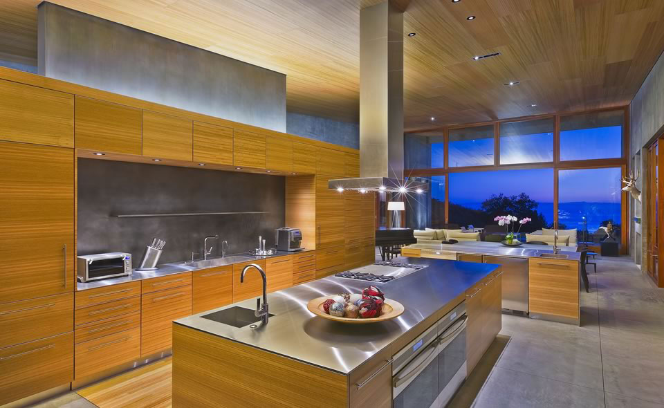 Modern Kitchen Exposed Large Modern Kitchen Design With Exposed Concrete Backsplash Wooden Cabinet And Island With Stainless Steel Countertop Ideas Architecture Sophisticated Concrete And Steel Modern Home With Glass Elements