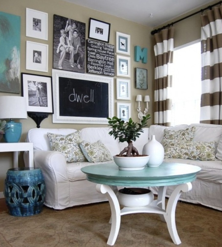 Blue Round Plus Light Blue Round Coffee Table Plus Padded Sofa In Living Space Embellished With Photo Collage Decoration  Having Fun Interior Convenience After Applying Creative Photo Collage Ideas 