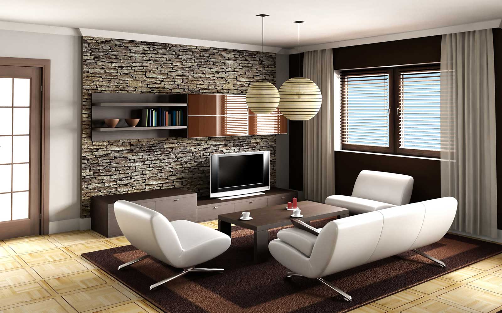 Room Decor Modern Living Room Decor Ideas With Modern Design Using White Sofa And Stone Wall Decoration Completed With Wooden TV Cabinet Living Room Trendy Living Room Decoration For Chic Modern Home Interiors