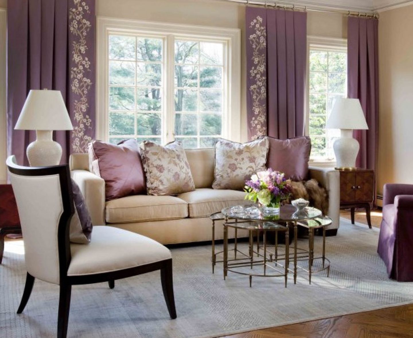Room Design House Living Room Design Of A House With Wooden Floor Purple Curtained Windows Couches With Pillows And Coffee Table For Vintage Living Room Ideas Living Room 10 Vintage Living Room With Chic Contemporary Furniture