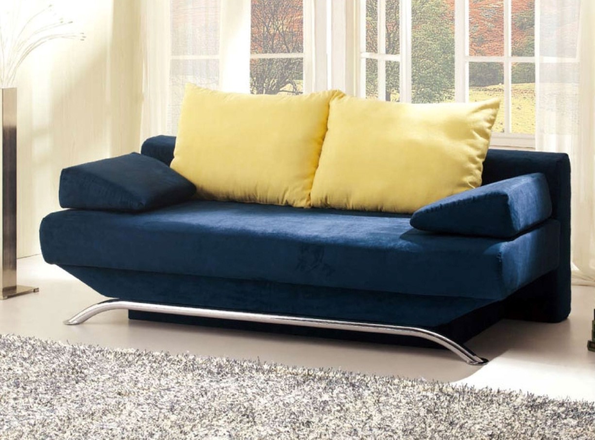 Room Filled And Living Room Filled French Window And Modern Blue Sofa Bed With Metal Leg Plus Yellow Pillows Living Room Convertible Living Room With Modern Sofa Beds