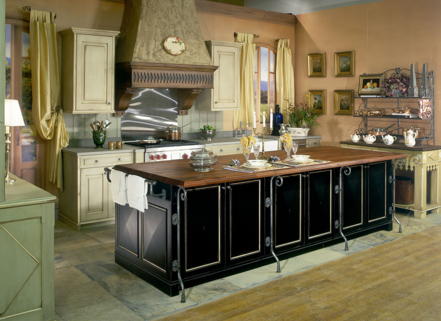 Black Island Top Long Black Island And Wood Top Near Country Kitchen Cabinets In White Color Country Kitchen Cabinets To Influence Country Kitchen Significantly