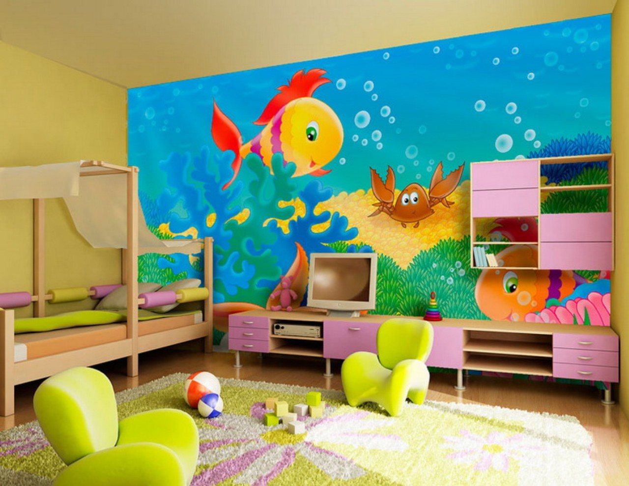Kids Room Girl Lovable Kids Room Furniture For Girl Design Ideas With Sweet Under Water World Theme Toddler Kids Bedroom Idea With Unique Wood Twin Bed Design And Cute Pink Accents Furniture Composing The Special Type Of Kids Room Furniture