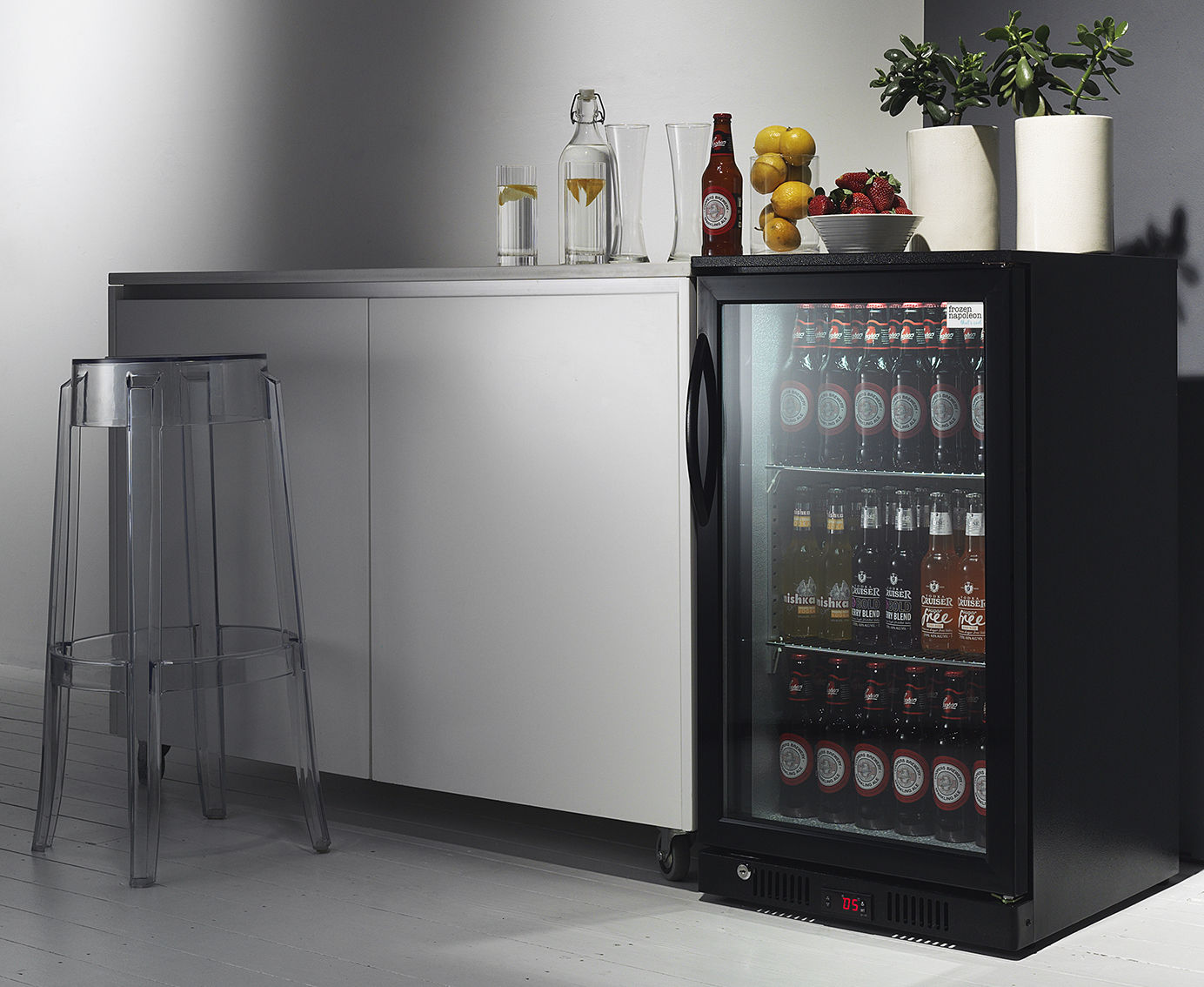 Display With Walls Lovely Bar Display With White Painted Walls White Marble Floor Stylish Bar Stool And Black Glass Door Bar Fridge Decoration Stylish Glass Door Fridge To See What Is Inside