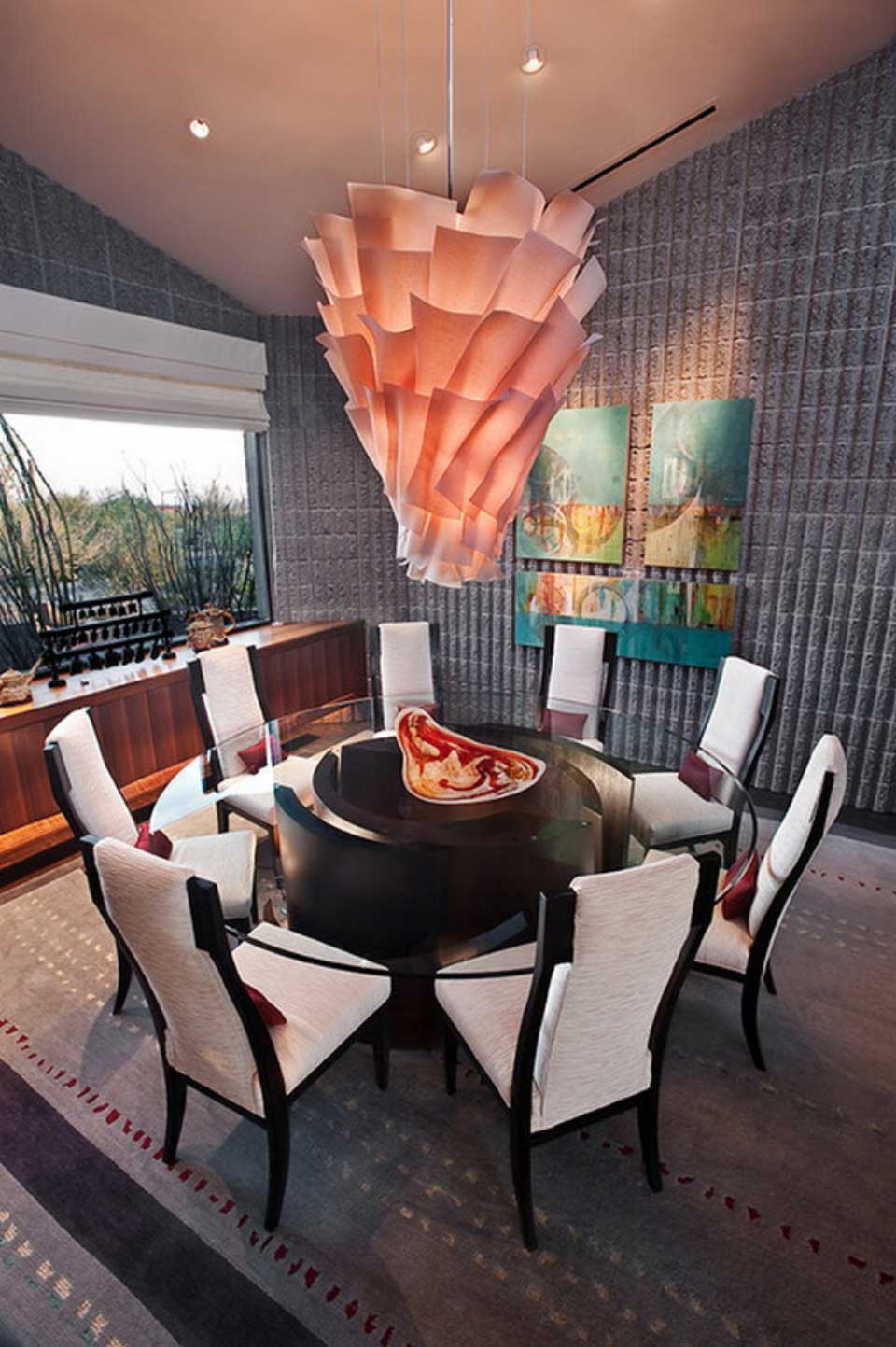 Dining Room Couples Lovely Dining Room Ideas For Couples With Round Glass Dining Table Top 8 Persons Designs And Classy Dark Wood Frame Padded Seat Idea Also Beautiful Orange Flower Pendant Lamp Design Dining Room The Best Simple Dining Room Ideas