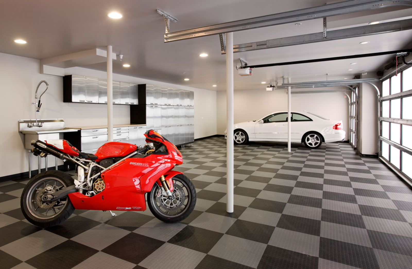 Design Ideas Contemporary Lovely Garage Design Ideas Decorated With Amazing Contemporary Style Using Industrial Ceiling Style And Black Grey Tile Flooring Decoration Decoration Garage Design Ideas With Cabinet And Hanger Compartment For The Sake Of Good Arrangement