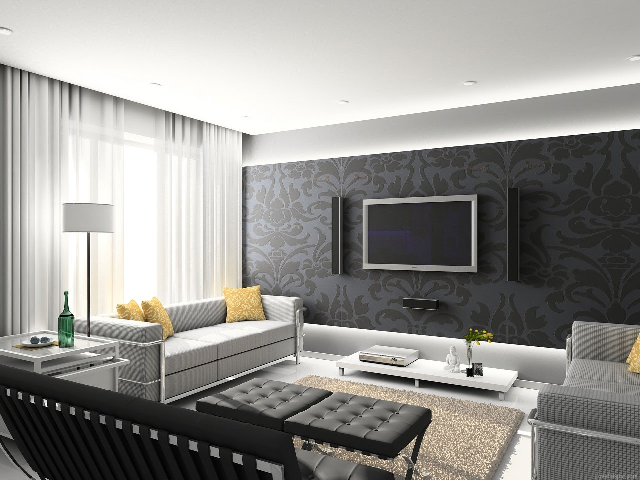 Living Room In Lovely Gray Living Room Interior Design In Modern Style Using Modern Sofa And Flat TV Screen On The Wall For Inspiration Gray Living Room In Luxury And Elegance Realm