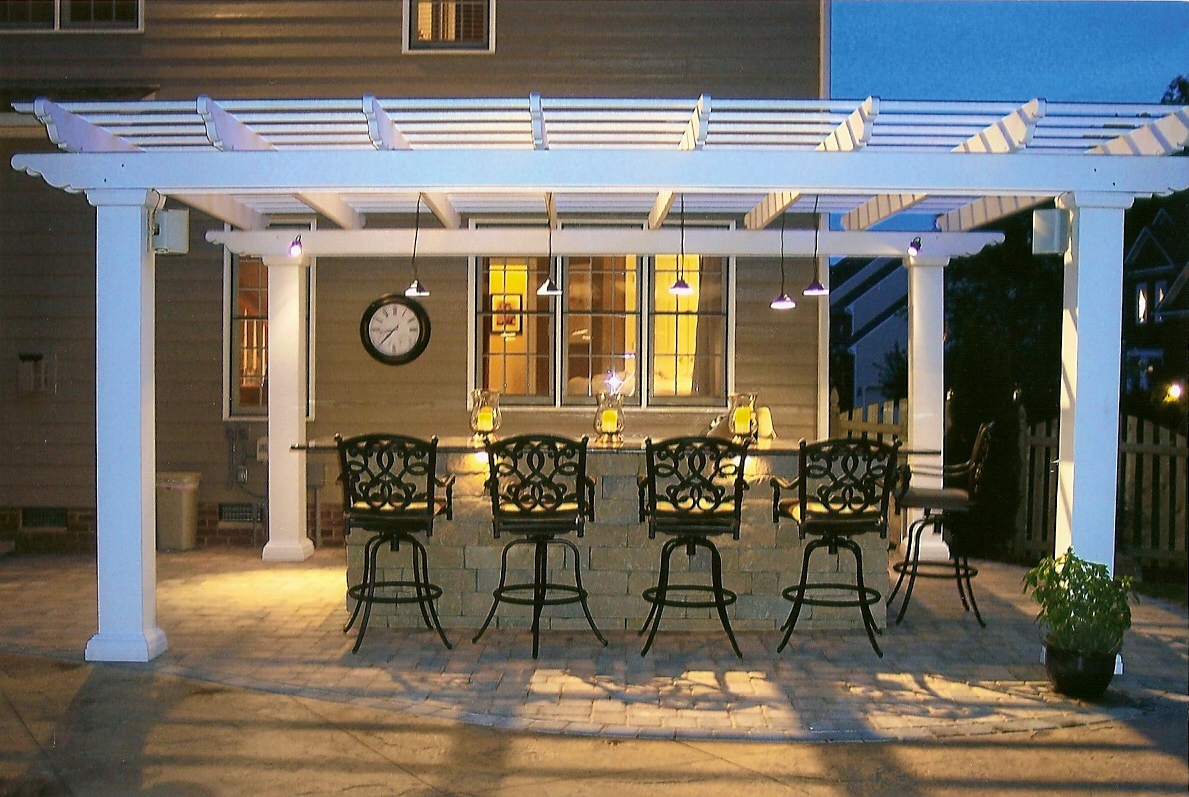 Outdoor Kitchen White Lovely Outdoor Kitchen Plan With White Painted Pergola Idea Also Unique Small Pendant Lighting And Wrought Metal Swivel Barstools Kitchen  Creating Special Moment At Outdoor Kitchen Ideas 