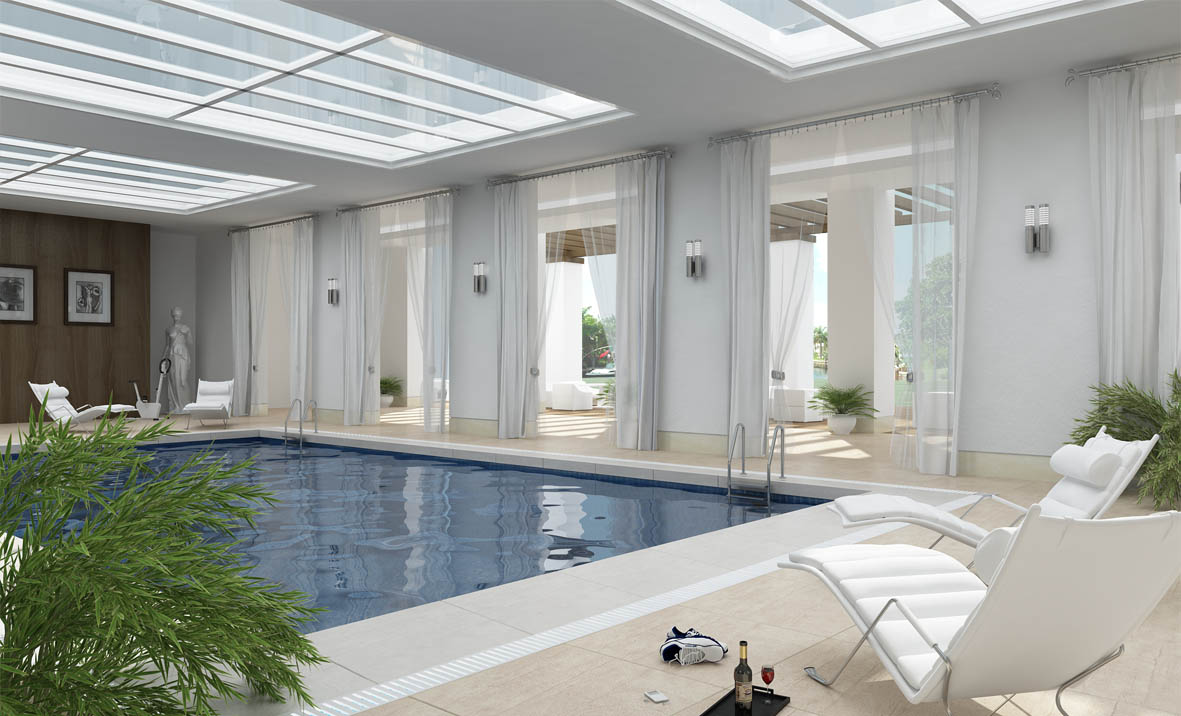 Wall Lights Leather Lovely Wall Lights And White Leather Lounge Chairs Design Feat Modern Indoor Swimming Pool With Glass Ceiling Idea Pool  Modern Home Design With Indoor Swimming Pool 