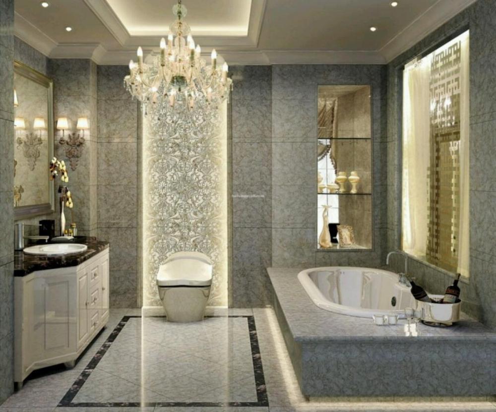 House Bathroom With Luxurious House Bathroom Interior Concept With Bathroom Floor Tile Ideas And Unique Chandelier Bathroom Bathroom Floor Tile Ideas With Various Types And Sizes