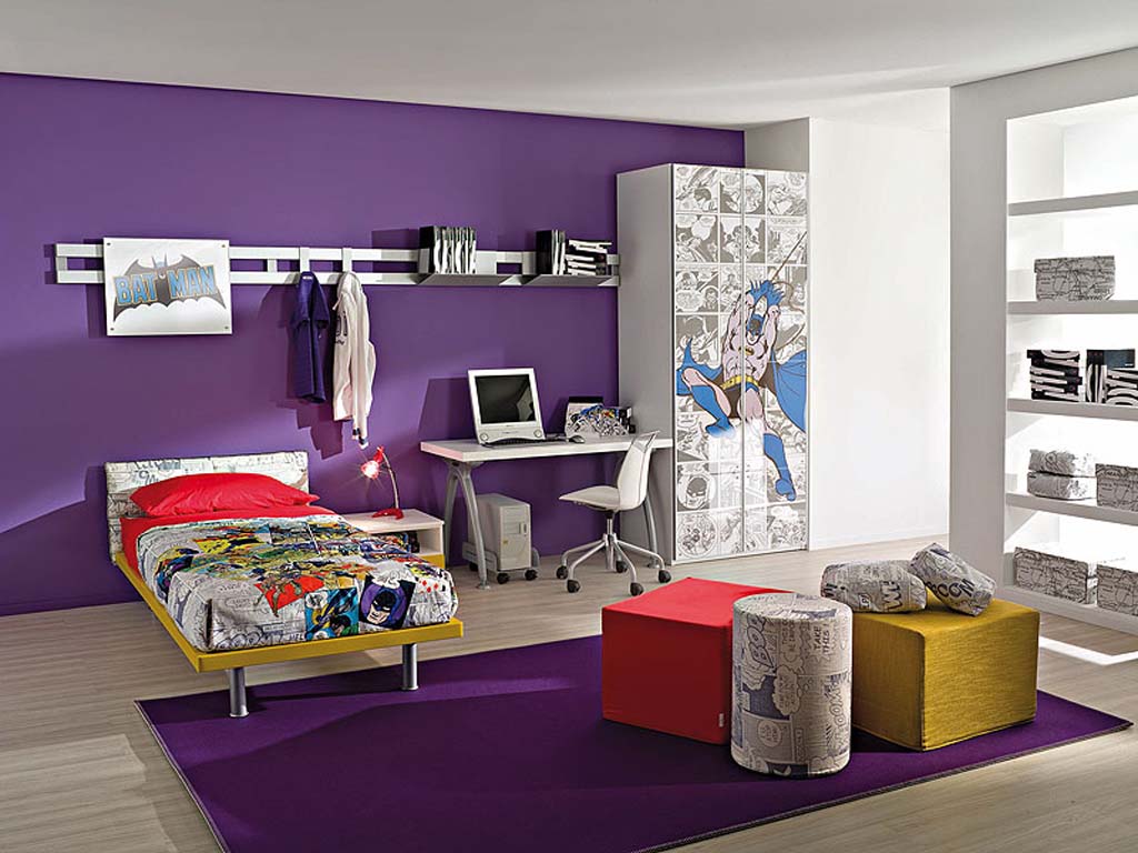 Purple Accent Of Luxurious Purple Accent Wall Color Of Modern Kid Room Ideas With Single Bed And Thick Rug Completed With Amusing Table Plus Furnished With Desk And Wall Cabinets Kids Room 15 Trendy Kids Room Ideas For The Bold Modern Home