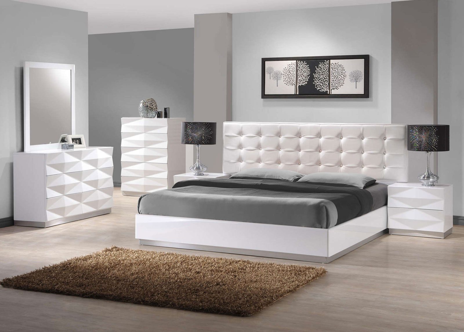 White Queen White Luxurious White Queen Bed Of White Bedroom Furniture With Twin Night Lamp On Nightstands Completed With Mirror On Vanity Table And Furnished With Brown Rug Bedroom 15 Simple White Bedroom Furniture For Your Romantic Modern House