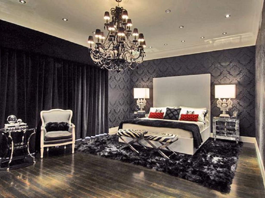 Bedroom With White Luxury Bedroom With Black And White Decor Plus Oversized Chandelier Idea Feat Hardwood Floor Also Mirrored Bedside Cabinets Bedroom  Applying Black And White Bedroom Ideas 