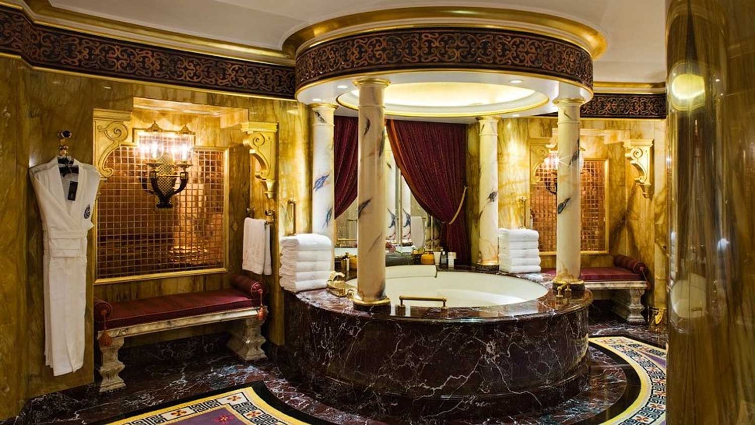 Gold Bathroom With Luxury Gold Bathroom Decorating Ideas With Jacuzzi Design Indoor Design And Romantic Red Curtains Ideas Also Traditional Floor Marble Design Plus Charming White Towels Idea Bathroom The Most Comfortable Bathroom Decorating Ideas