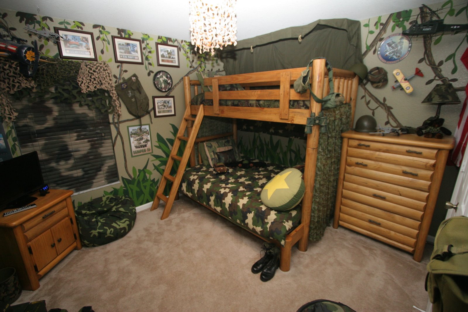 Army Design Bedroom Marvelous Army Design Of Boys Bedroom Ideas With Twin Bunk Bed On Wooden Platform Completed With Drawers And Flat Screen TV Also Furnished With Crystal Lighting Bedroom Boys Bedroom Ideas: The Important Aspects