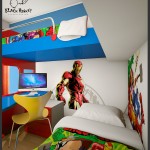 Bedroom Iron Kids Marvelous Bedroom Iron Man Themed Kids Room Furniture Decor For Boys Decor Ideas With Cool Iron Man Wall Decal Design And Modern Blue L Shape Computer Desk Also Blue Loft Bed Along With Twin Bed Furniture Composing The Special Type Of Kids Room Furniture
