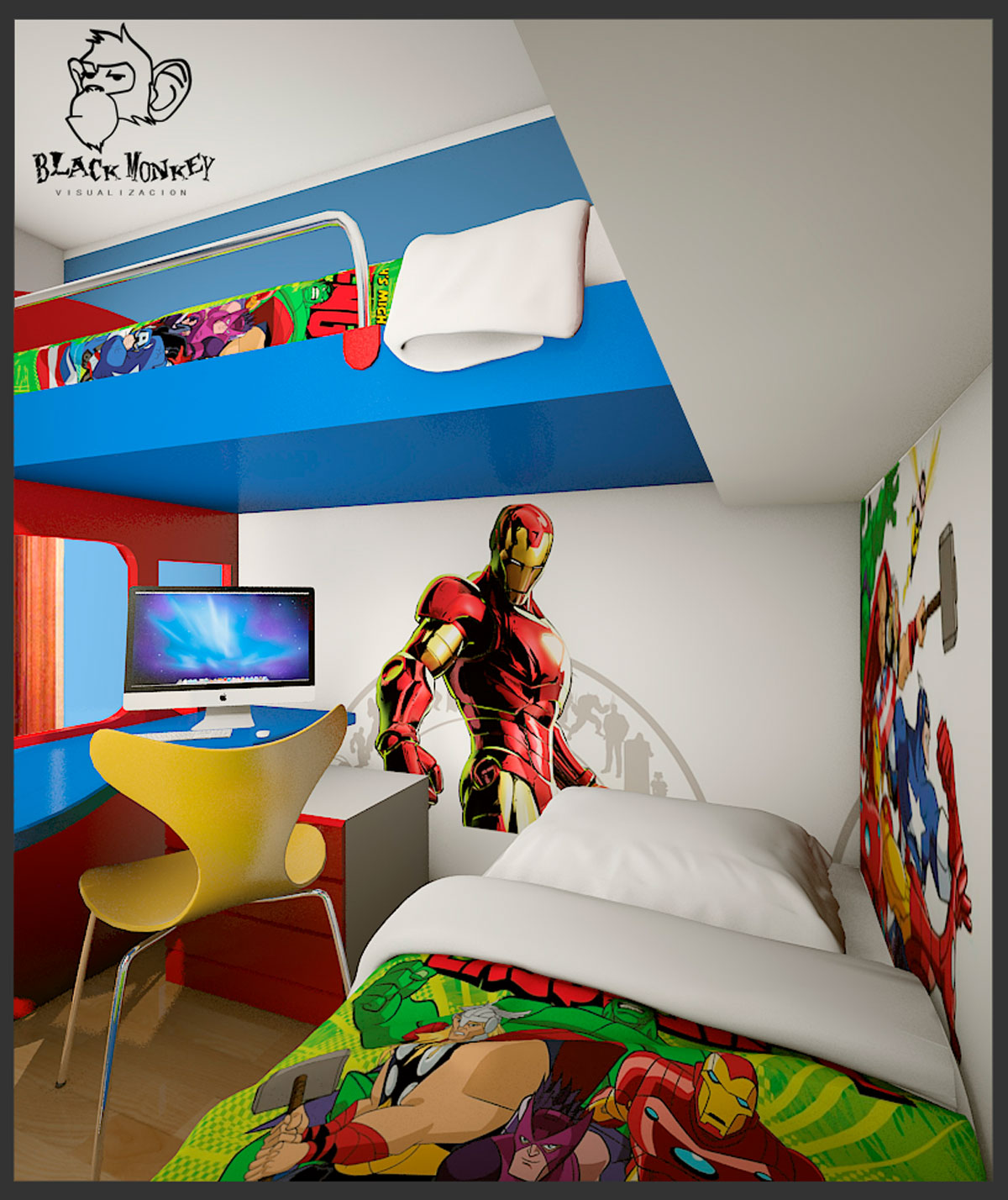 Bedroom Iron Kids Marvelous Bedroom Iron Man Themed Kids Room Furniture Decor For Boys Decor Ideas With Cool Iron Man Wall Decal Design And Modern Blue L Shape Computer Desk Also Blue Loft Bed Along With Twin Bed Furniture Composing The Special Type Of Kids Room Furniture