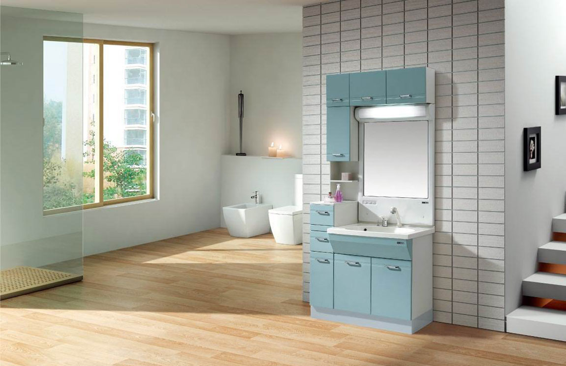 Contemporary Bathroom Flooring Marvelous Contemporary Bathroom With Wooden Flooring Tile Design Ideas Completed With Blue Bathroom Vanity Cabinets Furnished With Mirror And Added With Cabinet Lighting Bathroom 15 Bathroom Vanity Cabinets For Your Captivating Home