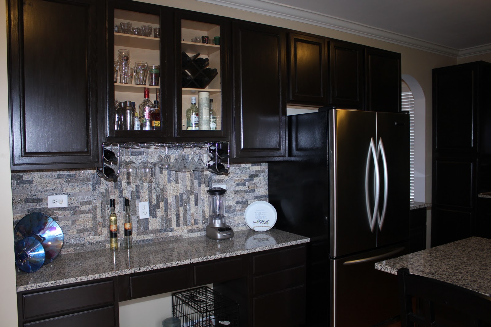 Black Kitchen Feats Masculine Black Kitchen Cabinet Refacing Feats With Slate Tile Backsplash And Mini Glass Rack Smart Kitchen Cabinet Refacing Ideas