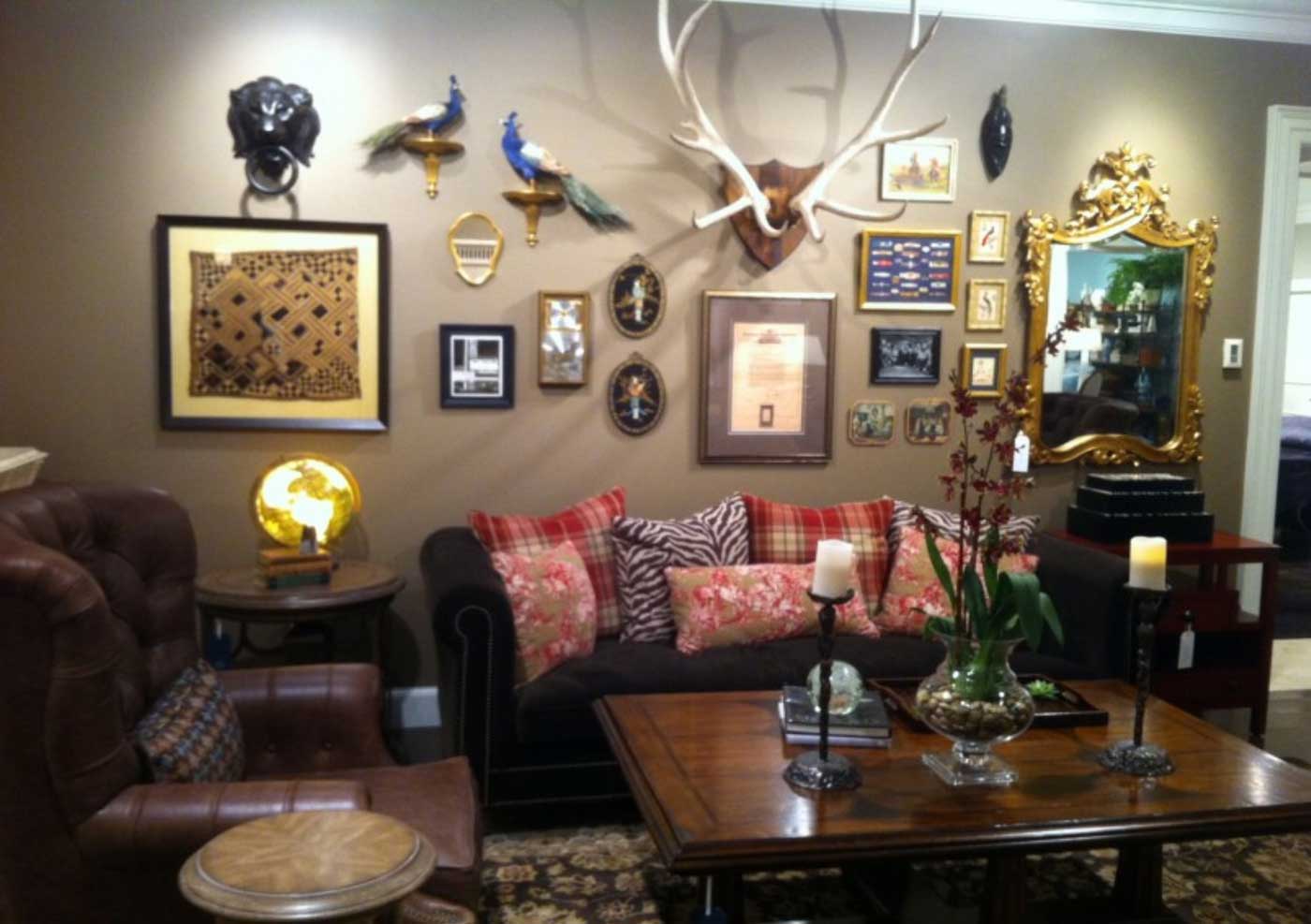 Hunting Themed Sets Masculine Hunting Themed Living Room Sets Home Decor For Small House Design Ideas With Traditional Dark Brown Coffee Table Design And Sweet Flower Vase Plus Charming Brown Colored Sofa Bed Idea Living Room Beautiful Living Room Sets As Suitable Furniture
