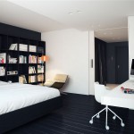 Bedroom Apartment Black Master Bedroom Apartment Design With Black And White Interior Color Decorating Ideas Hardwood Floor Tiles Wall Bookshelf And Computer Desk With Chair Apartment Practical And Functional Apartment With Minimalist Interior Style