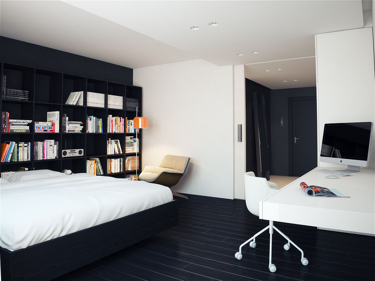 Bedroom Apartment Black Master Bedroom Apartment Design With Black And White Interior Color Decorating Ideas Hardwood Floor Tiles Wall Bookshelf And Computer Desk With Chair Apartment Practical And Functional Apartment With Minimalist Interior Style