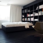 Bedroom Small Design Master Bedroom Small Modern Apartment Design With Glass Window White Curtains Hardwood Floor Tiles And Wall Bookshelf Built In Apartment Practical And Functional Apartment With Minimalist Interior Style