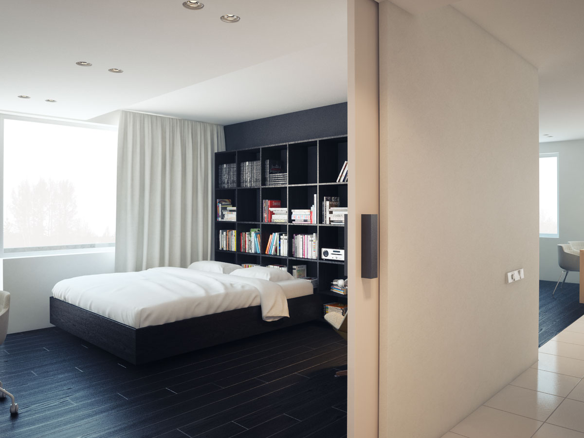 Bedroom With Modern Master Bedroom With Wooden Frame Modern Apartment Design With Hardwood Floor Tiles Glass Window White Curtains Wall Bookshelf And Hardwood Floor Tiles Ideas Apartment Practical And Functional Apartment With Minimalist Interior Style
