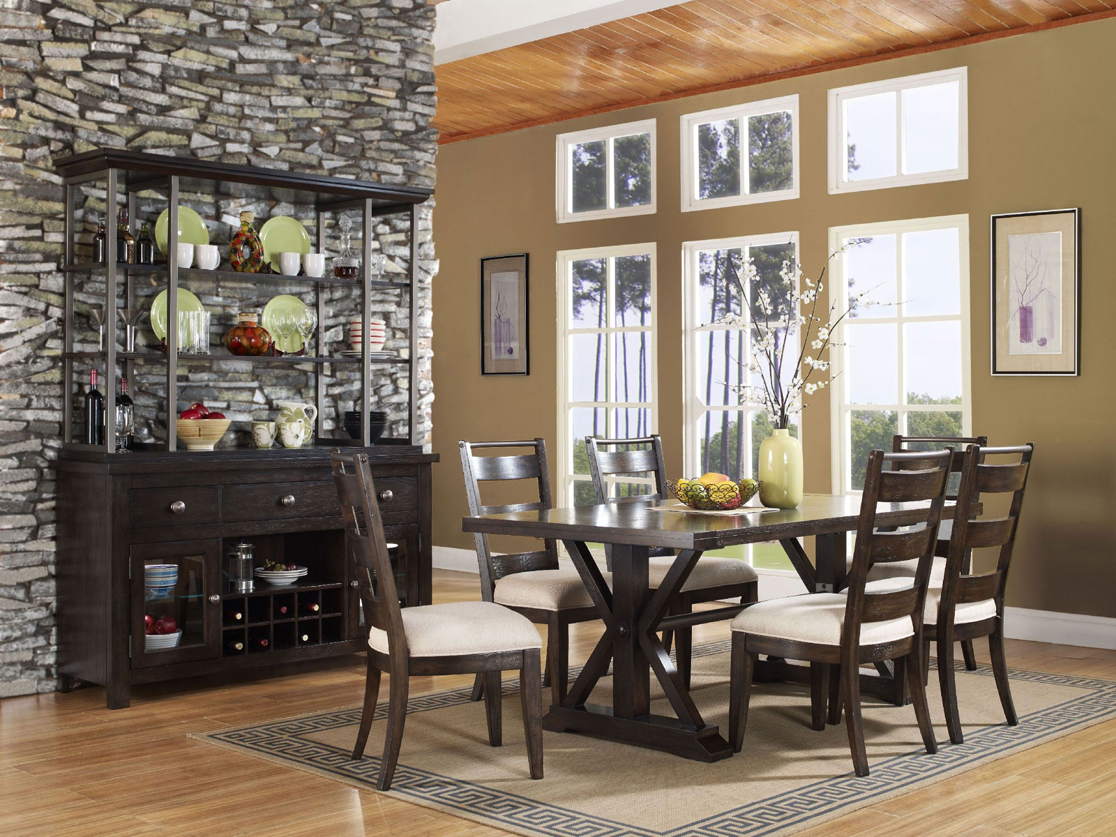 Contemporary Dining Dark Mesmerizing Contemporary Dining Room With Dark Brown Cupboards Also Table Completed With Dining Room Buffet And Furnished With Chairs On Rug Dining Room Simple And Functional Dining Room Buffet