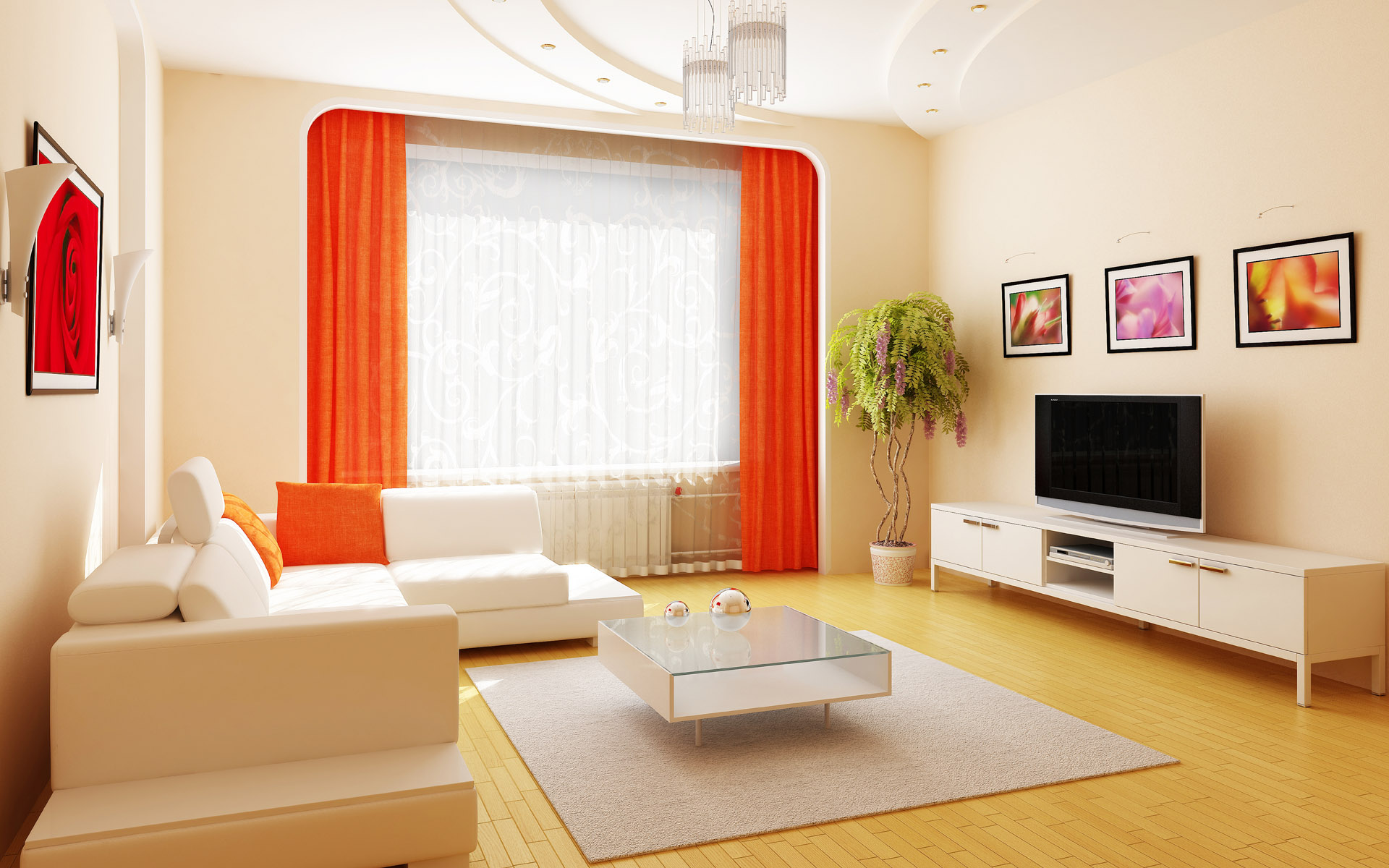 Simple Modern With Mesmerizing Simple Modern Living Room With Orange Curtains Furnished With White Sofa Bed And Glass Table On Thick Rug And Completed With Television On Cupboard Living Room Modern Living Room Inspiration For Your Rich Home Decor
