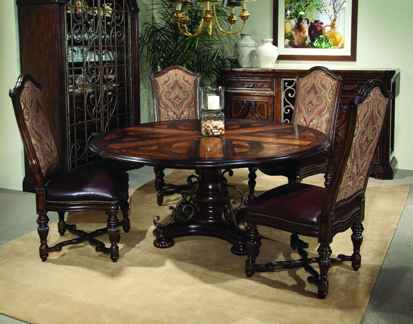 Wooden Furnitures Applying Mesmerizing Wooden Furniture Dining Room Applying Formal Dining Room Sets With Pedestal Round Table Furnished With Chairs And Completed With Chandelier In Golden Color Dining Room Formal Dining Room Sets For Contemporary Interiors