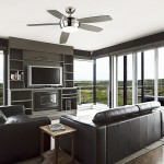 Living Room With Minimalist Living Room Interior Decorated With Modern Ceiling Fans Using Black Leather Sofa And Glass Wall Decor Decoration Modern Ceiling Fans In Contemporary Style