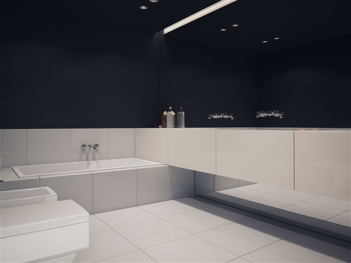 Bathroom Apartmnet Black Modern Bathroom Apartment Design With Black Interior Color Decorating Ideas Wall Mirror And White Ceramic Floor Tiles Apartment Practical And Functional Apartment With Minimalist Interior Style