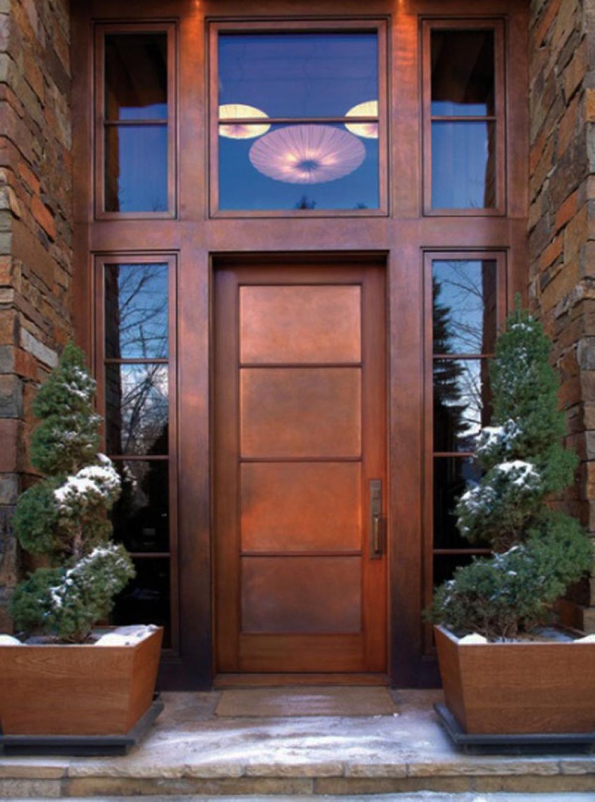 Brown Painted With Modern Brown Painted Front Door With Tall Sidelights And Big Fanlight Idea Feat Awesome Wood Planters Exterior  Wonderful Front Door In Modern House Design 