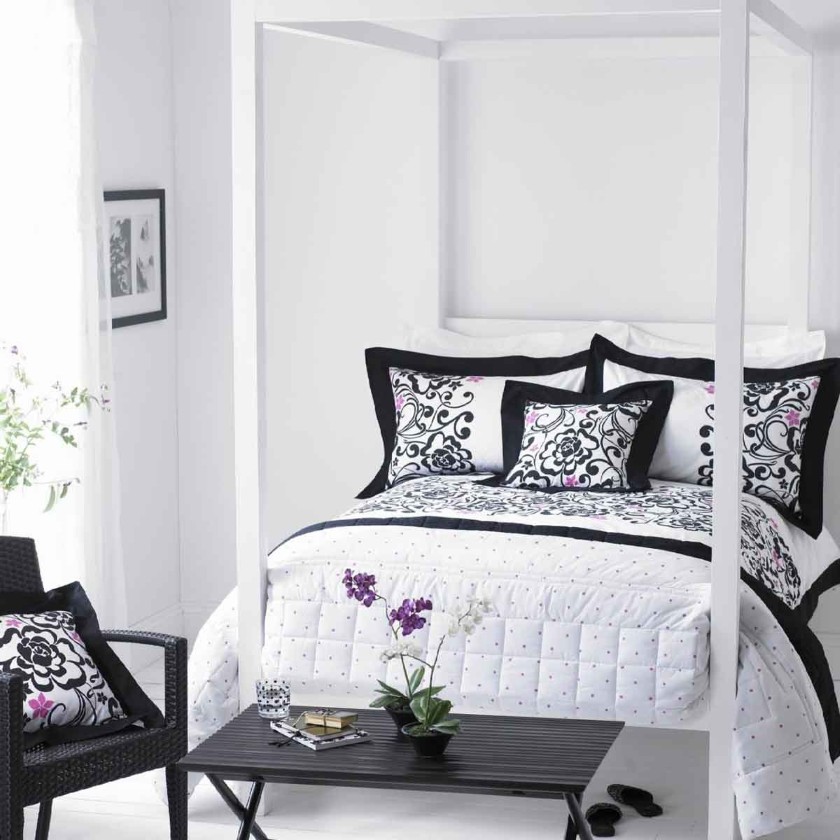 Canopy Bed Small Modern Canopy Bed Design Feat Small Coffee Table And Cozy Armchair In Black And White Bedroom Idea Bedroom  Combination Of Gothic And Minimalist Black White Bedroom Decoration 